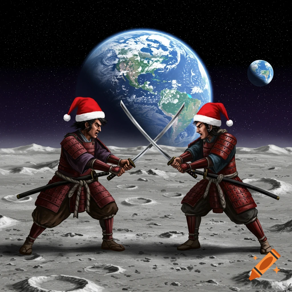 Two samurais in Christmas hats fighting on the moon with Earth in the background