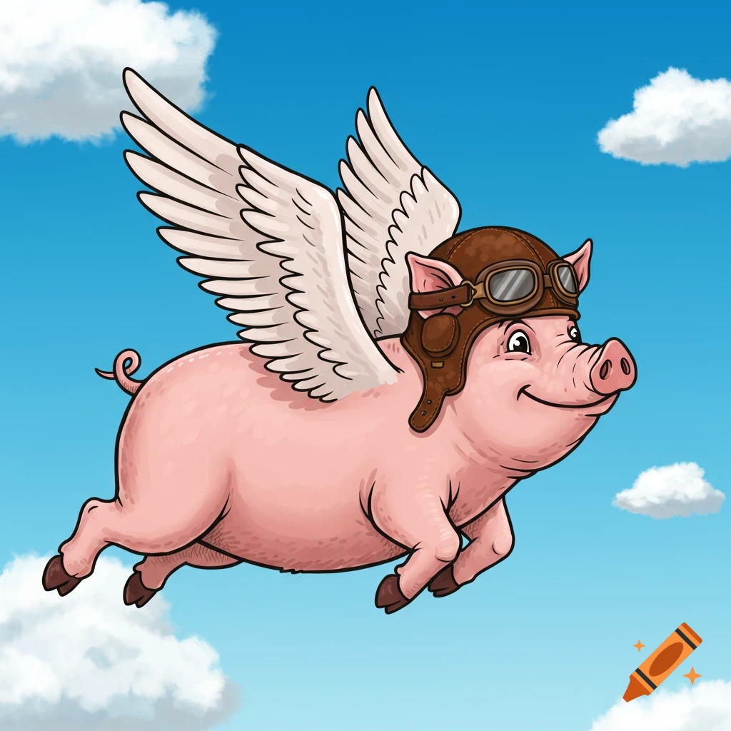 Cartoon flying pig wearing an aviator helmet against a blue sky with clouds.