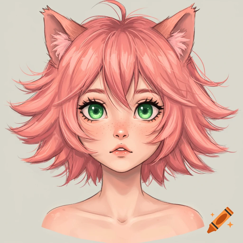 Anime portrait of a girl with pink hair and cat ears looking forward