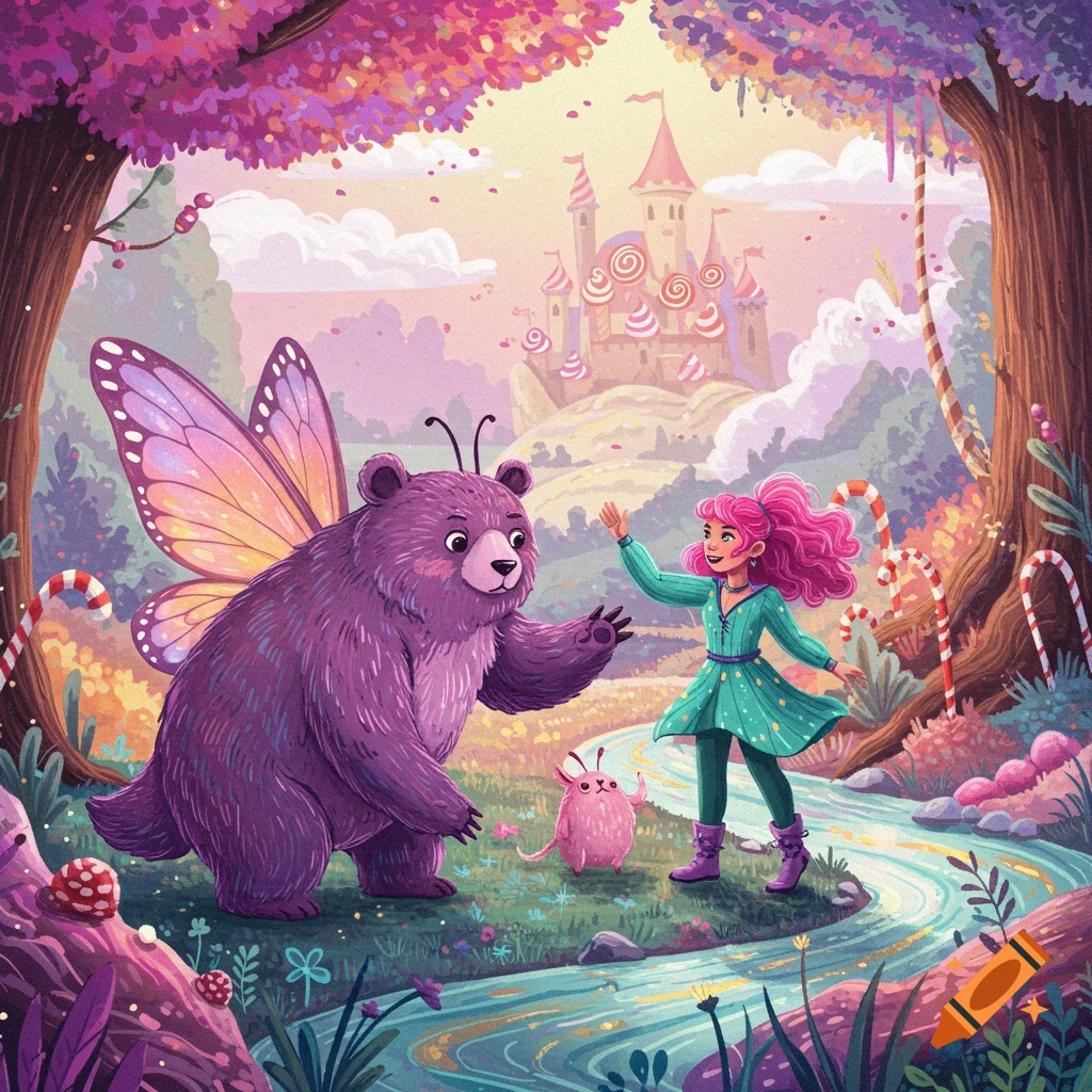 A purple bear with butterfly wings meets a girl with pink hair in a colorful fantasy landscape with a candy castle in the background.