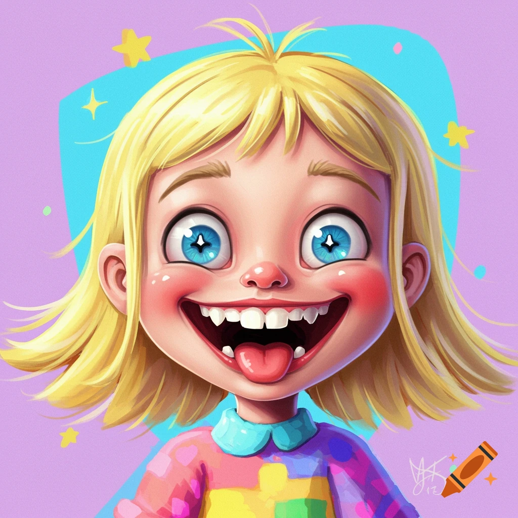 Cartoon child with blonde hair, big blue eyes, wide grin, and tongue sticking out.