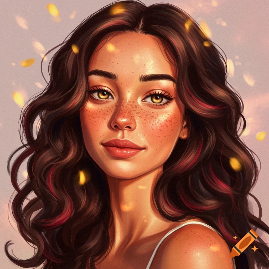 Portrait of a young woman with freckles, wavy brown hair, and golden eyes.