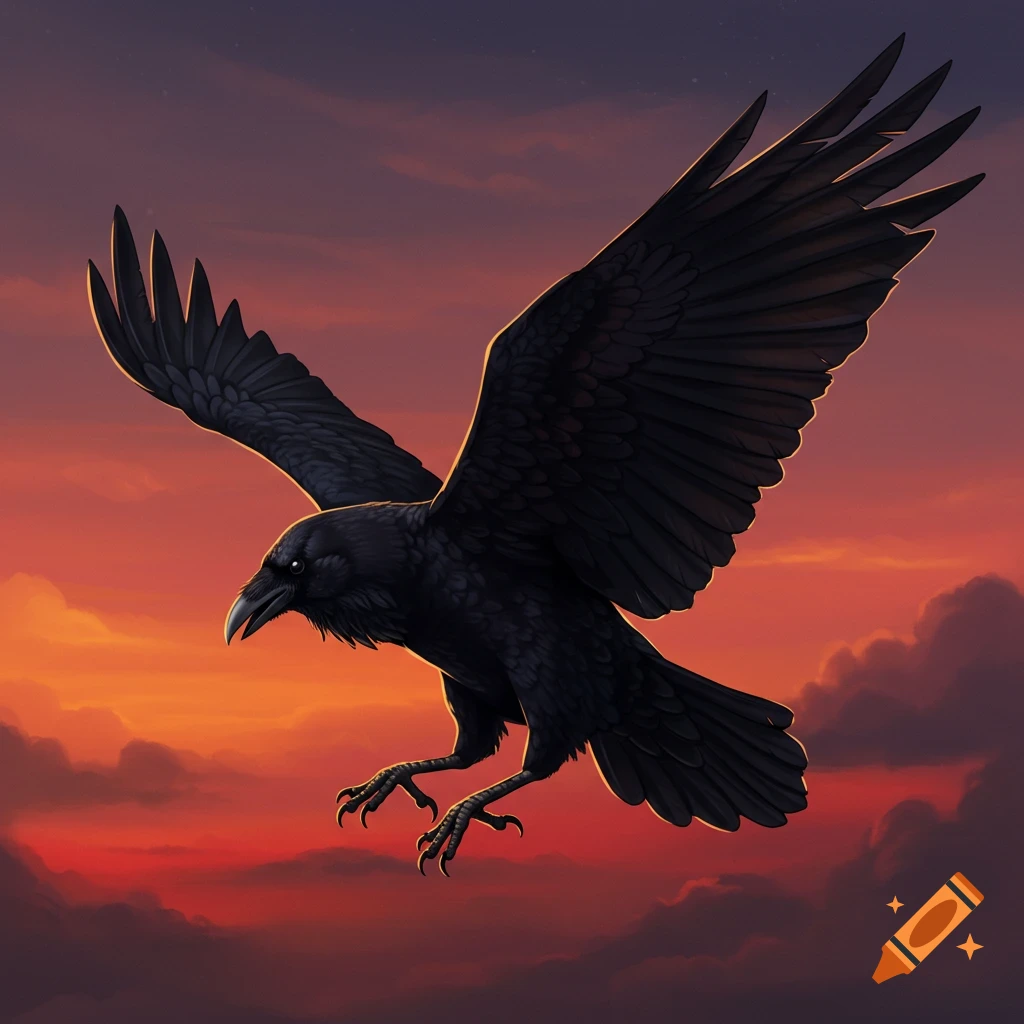 A black raven flies with spread wings against a dramatic orange and purple sunset sky.