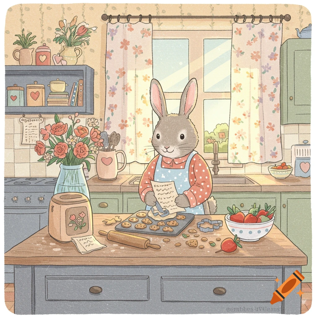 Hand-drawn illustration of a bunny baking cookies in a cozy kitchen.