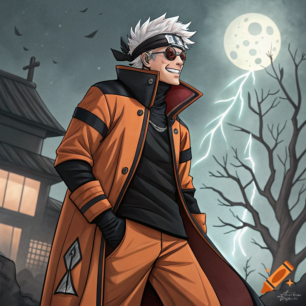 Anime character in orange coat and headband smiles in a spooky setting with a full moon and lightning.