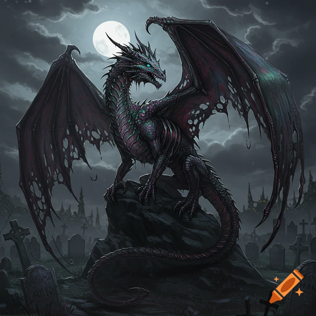 A dark fantasy image of a dragon perched on a rock in a graveyard under a full moon.
