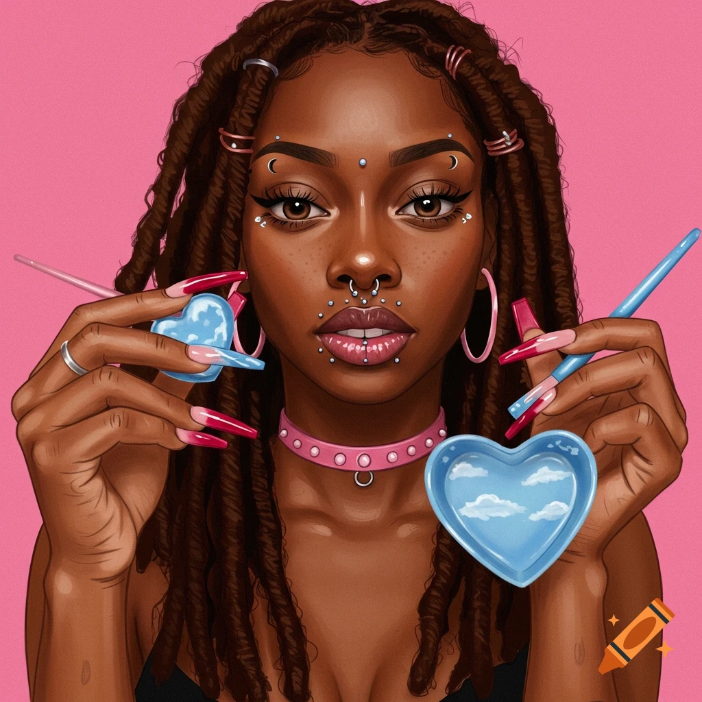 Image of a woman with dreadlocks and face piercings holding heart shapes on a pink background.
