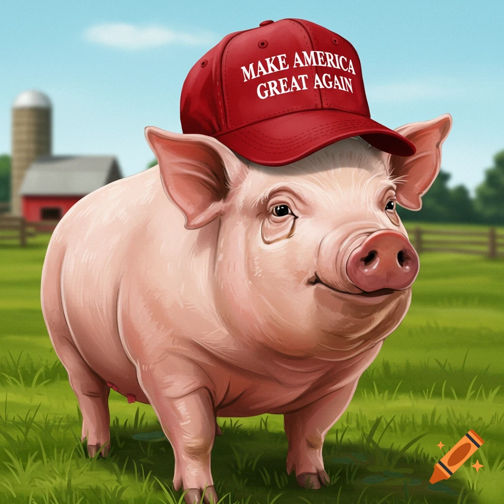 Painting of a pig wearing a red baseball cap with 'MAKE AMERICA GREAT AGAIN' text in a farm field.