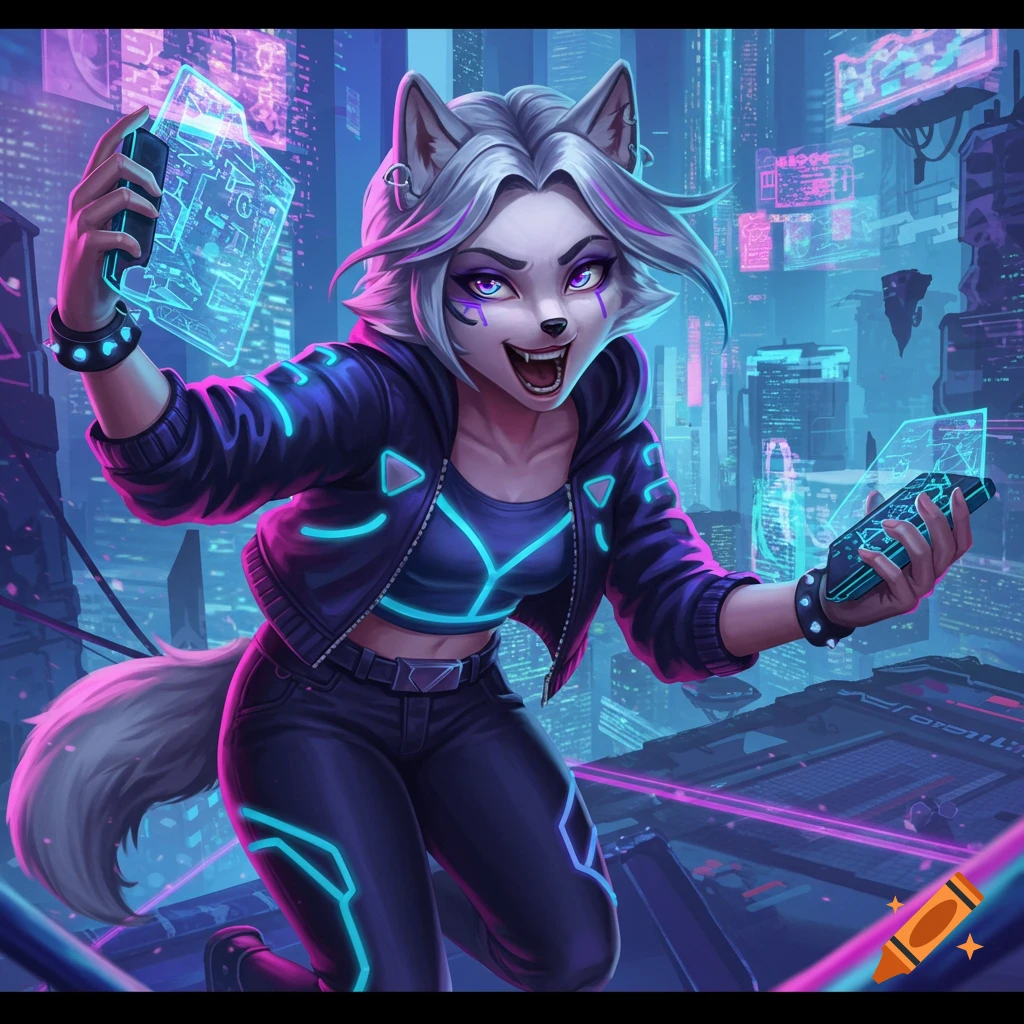 Anthropomorphic white wolf character in cyberpunk city holding neon screens.