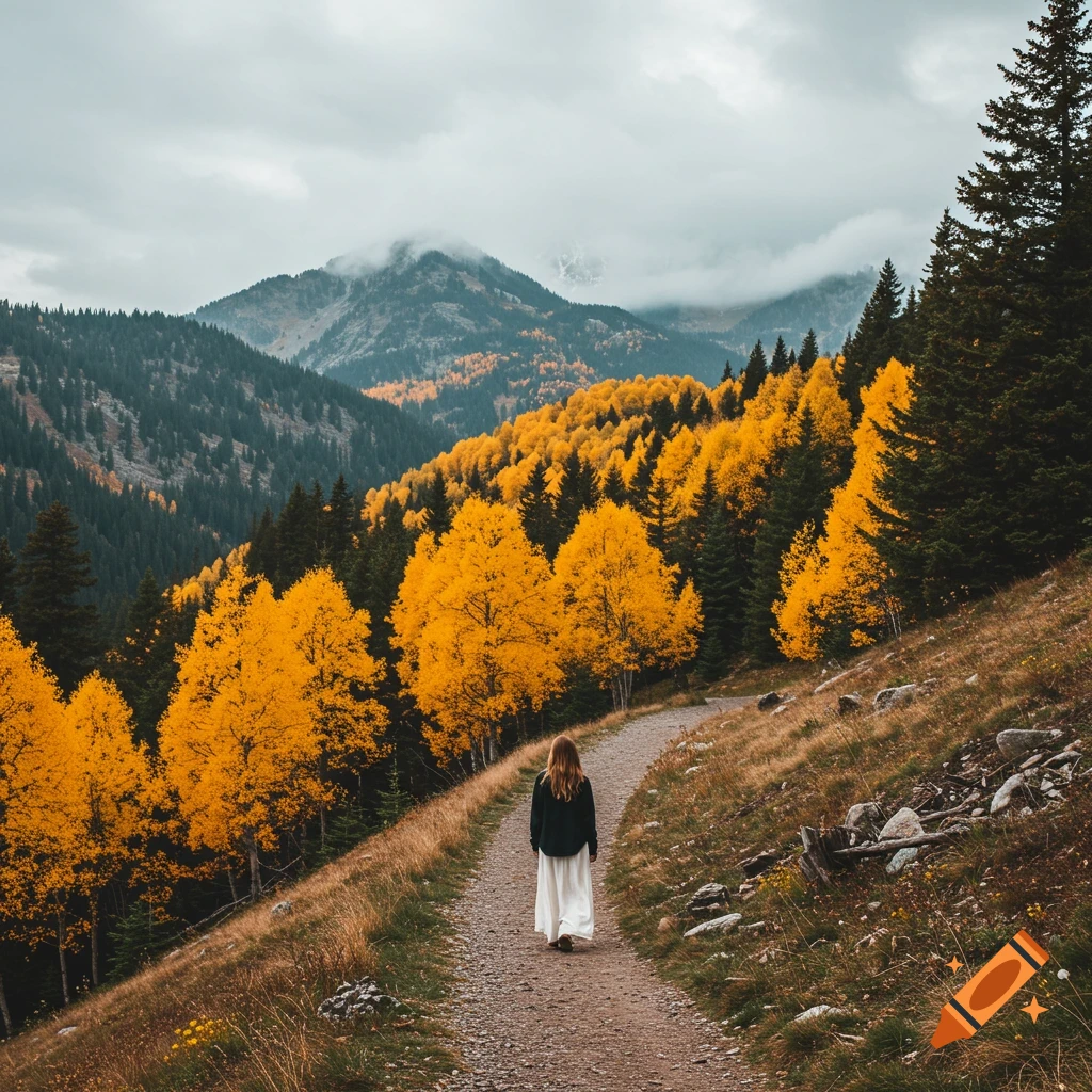 A woman walks on a mountain path through vibrant yellow autumn trees under a cloudy sky.