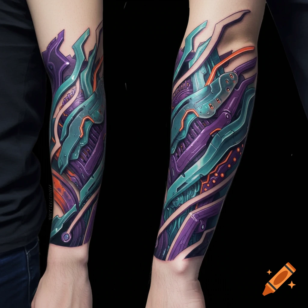 Close-up of an arm with a detailed colorful biomechanical cyberpunk tattoo