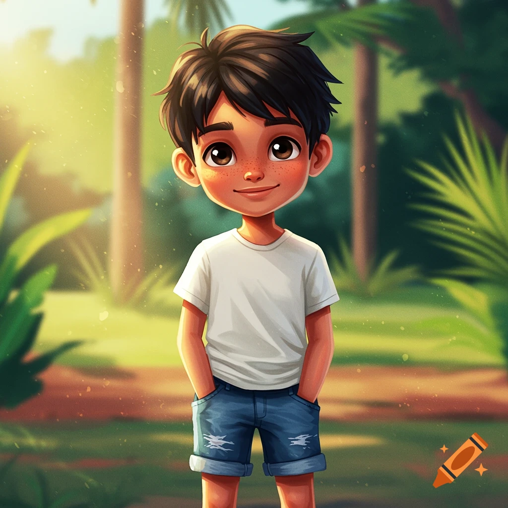 Cartoon boy with freckles in a white shirt and denim shorts standing in a sunny park setting.