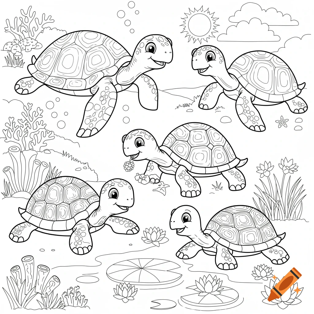 A coloring book page shows multiple cartoon turtles in different poses and settings.
