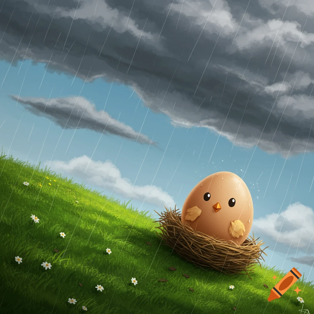 A cute egg character sits in a nest on a grassy hill while rain falls from dark clouds.