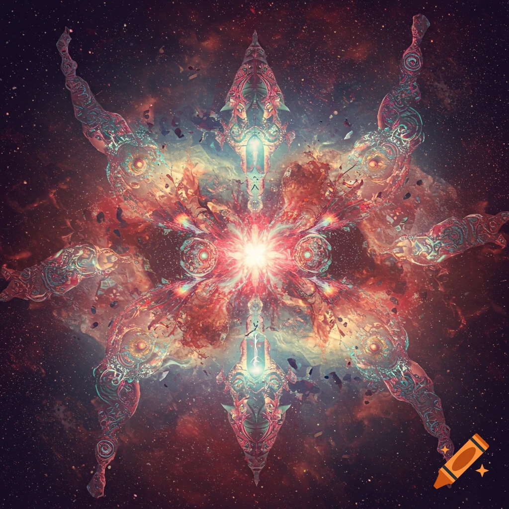 Abstract symmetrical entities with intricate patterns glowing in a vibrant space nebula.