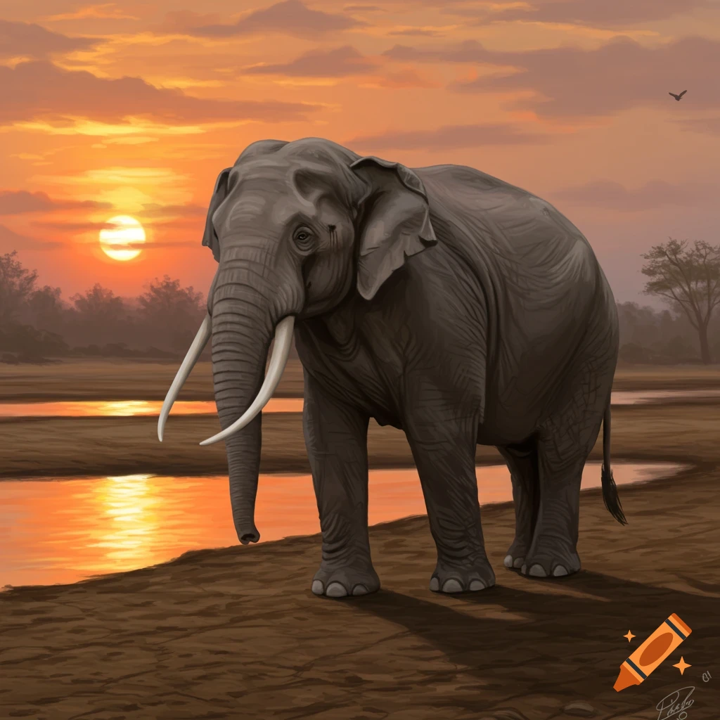 An elephant standing by a riverbed at sunset.