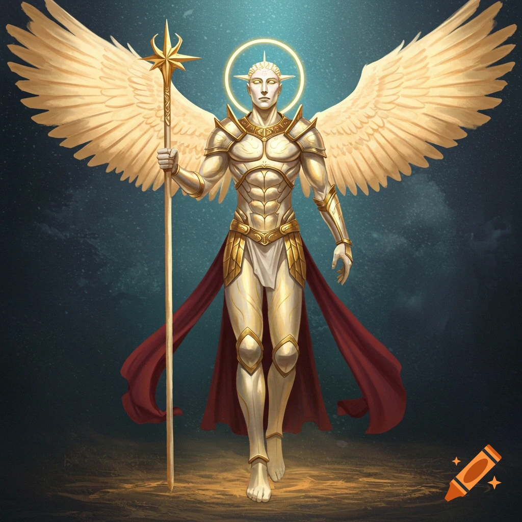 A majestic figure in white and gold armor with large wings holds a staff.