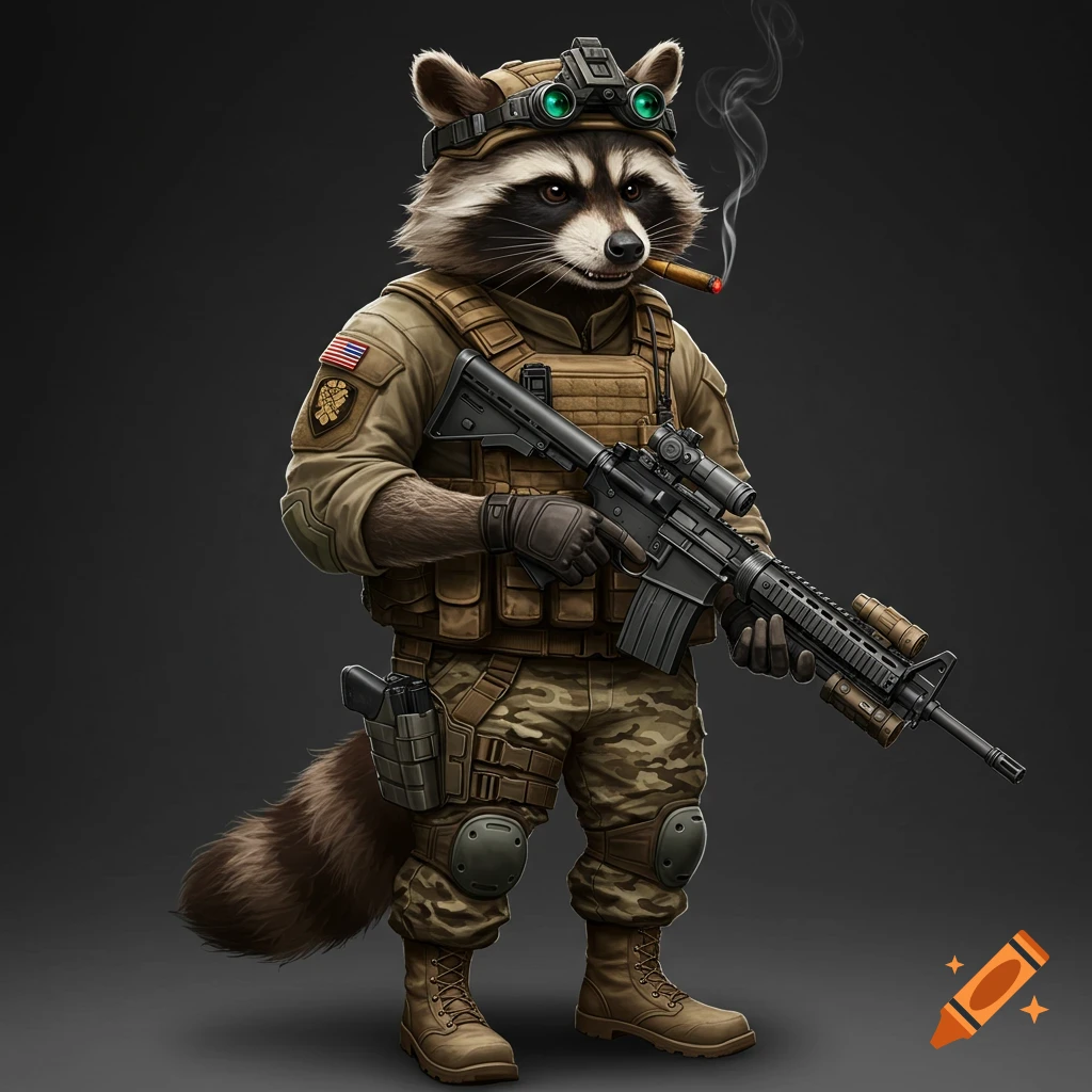 Stylized raccoon character wearing tactical gear, holding a rifle, and smoking a cigar.