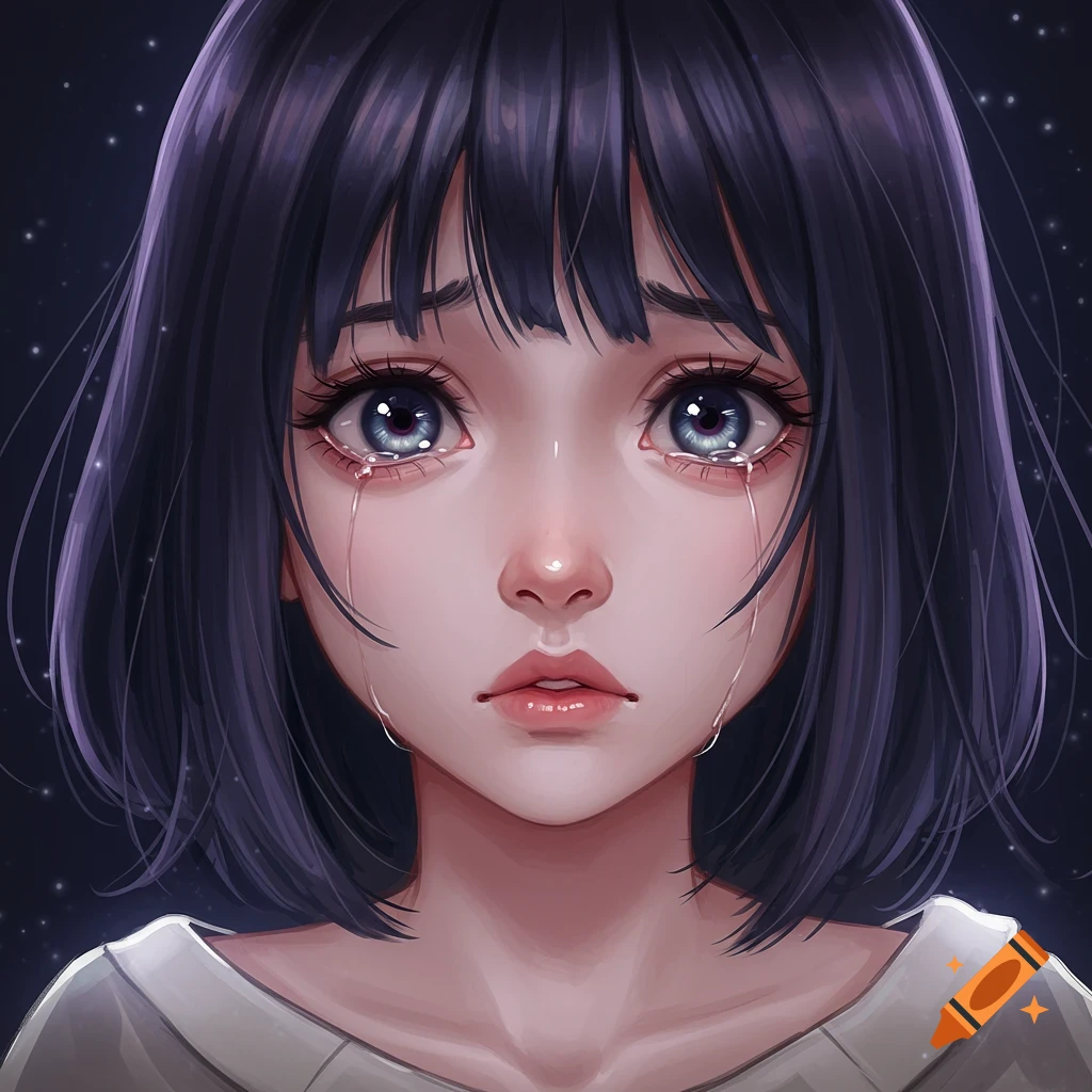 Close-up portrait of a crying anime girl with dark hair and blue eyes, digital art.