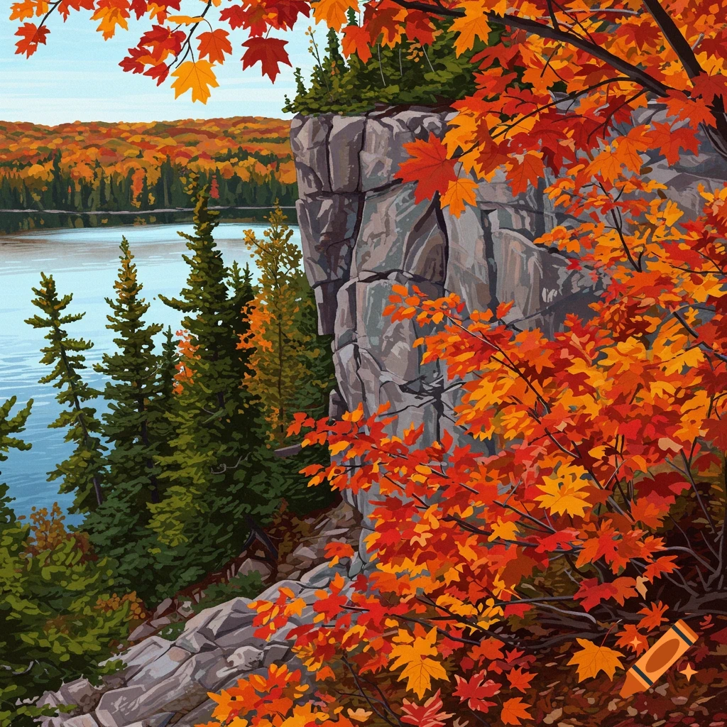 A rocky cliff overlooking a lake with vibrant autumn leaves.