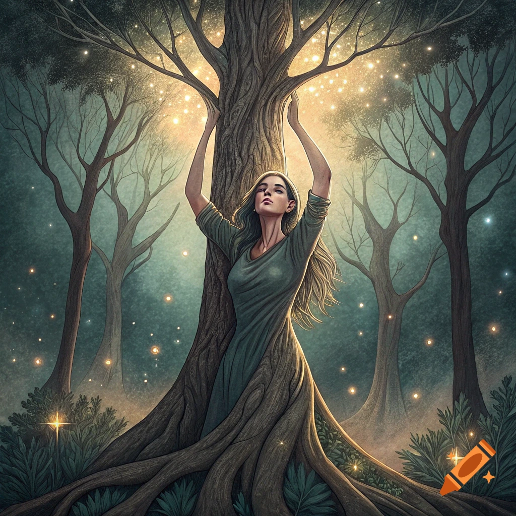A woman with her lower body merging into tree roots stands in a forest with sparkling lights.