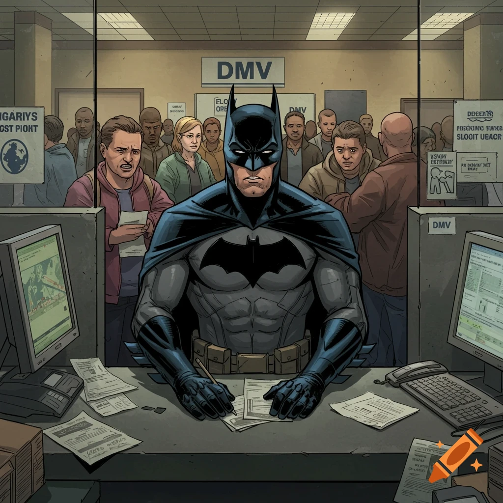 Comic book illustration of Batman sitting at a desk filling out papers in a crowded DMV office.