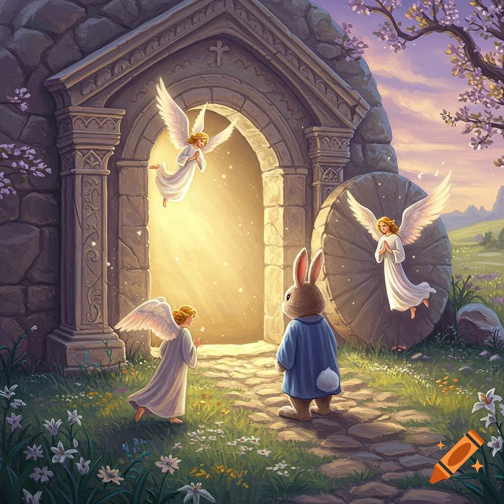 A rabbit looks at the entrance of an empty stone tomb where angels are present. Landscape with flowers and a tree is visible.