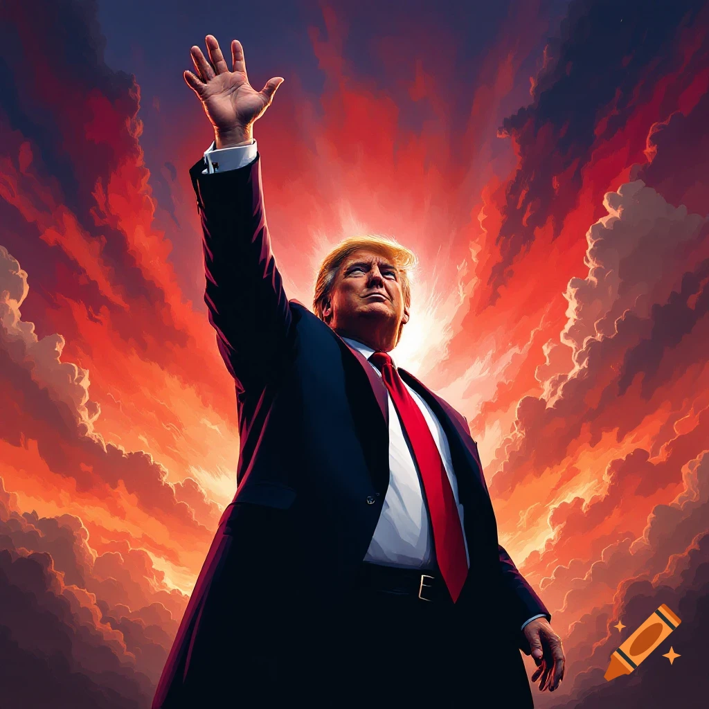 Illustration of Donald Trump raising his hand against a dramatic red and purple sky.
