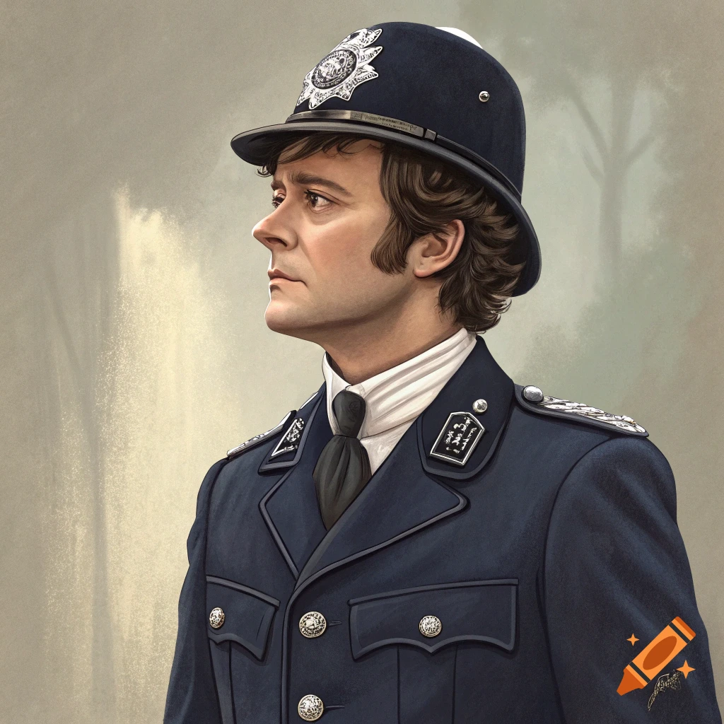 Illustrative portrait of a man in a dark blue police uniform and helmet, viewed in profile.