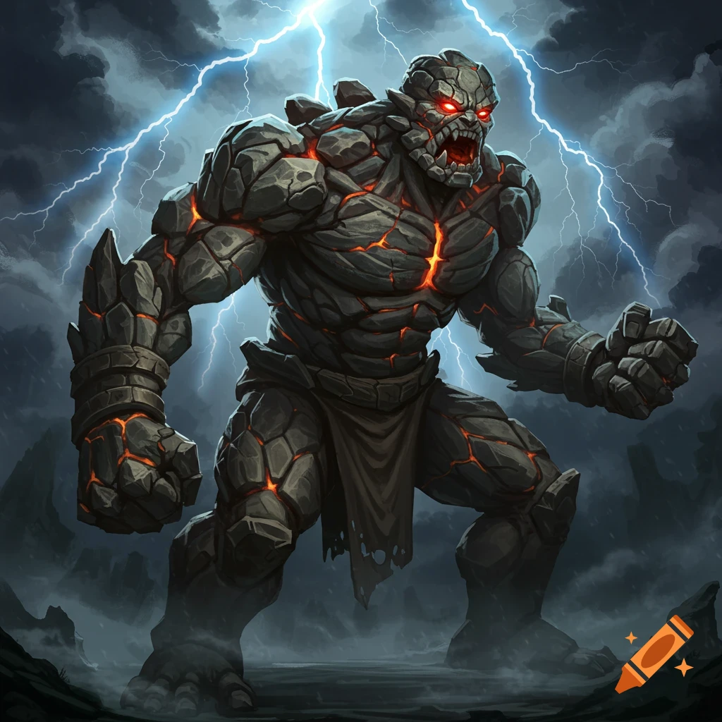 A rock and lava colossus with glowing eyes stands under a stormy sky with lightning.