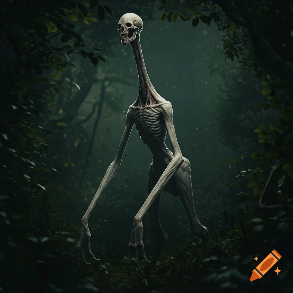 A tall, skeletal creature with a long neck and arms stands in a dark, misty forest.