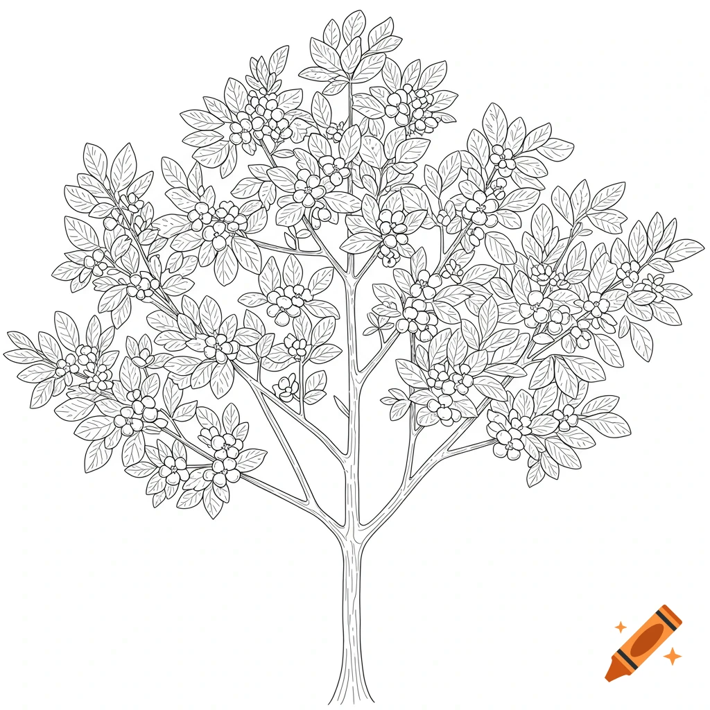 Line art drawing of a tree with leaves and berries in a coloring book style.