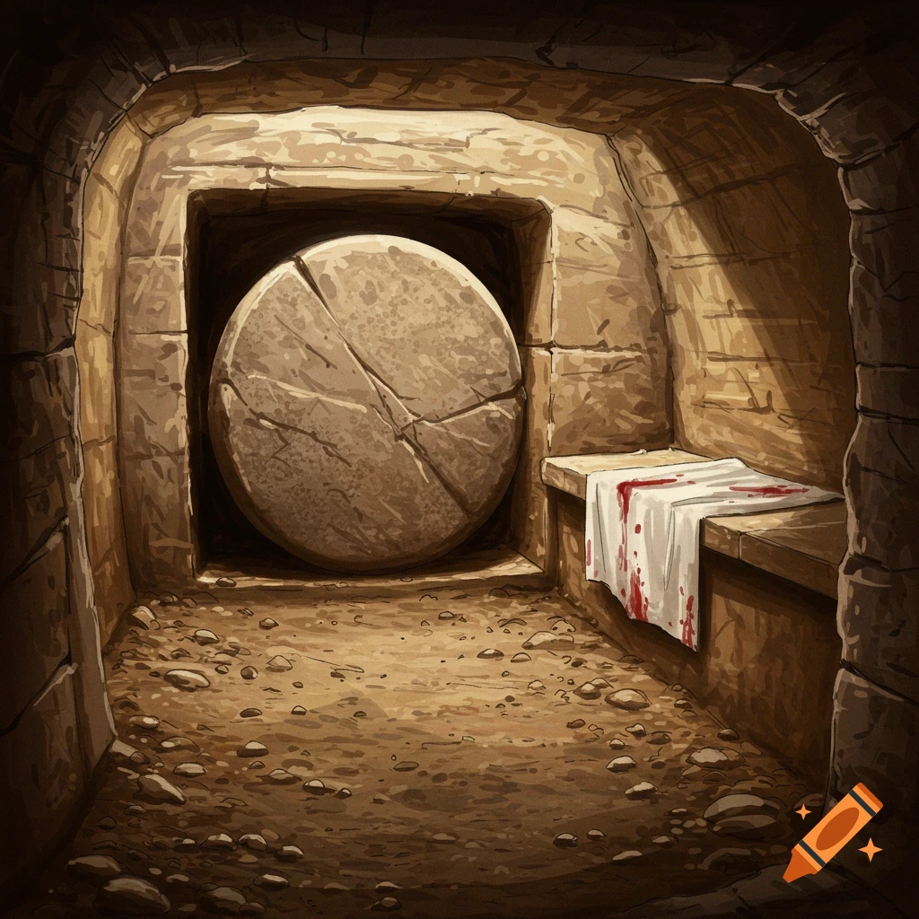 Illustration of the interior of a stone tomb with a large stone rolled in front and a blood-stained cloth on a bench.