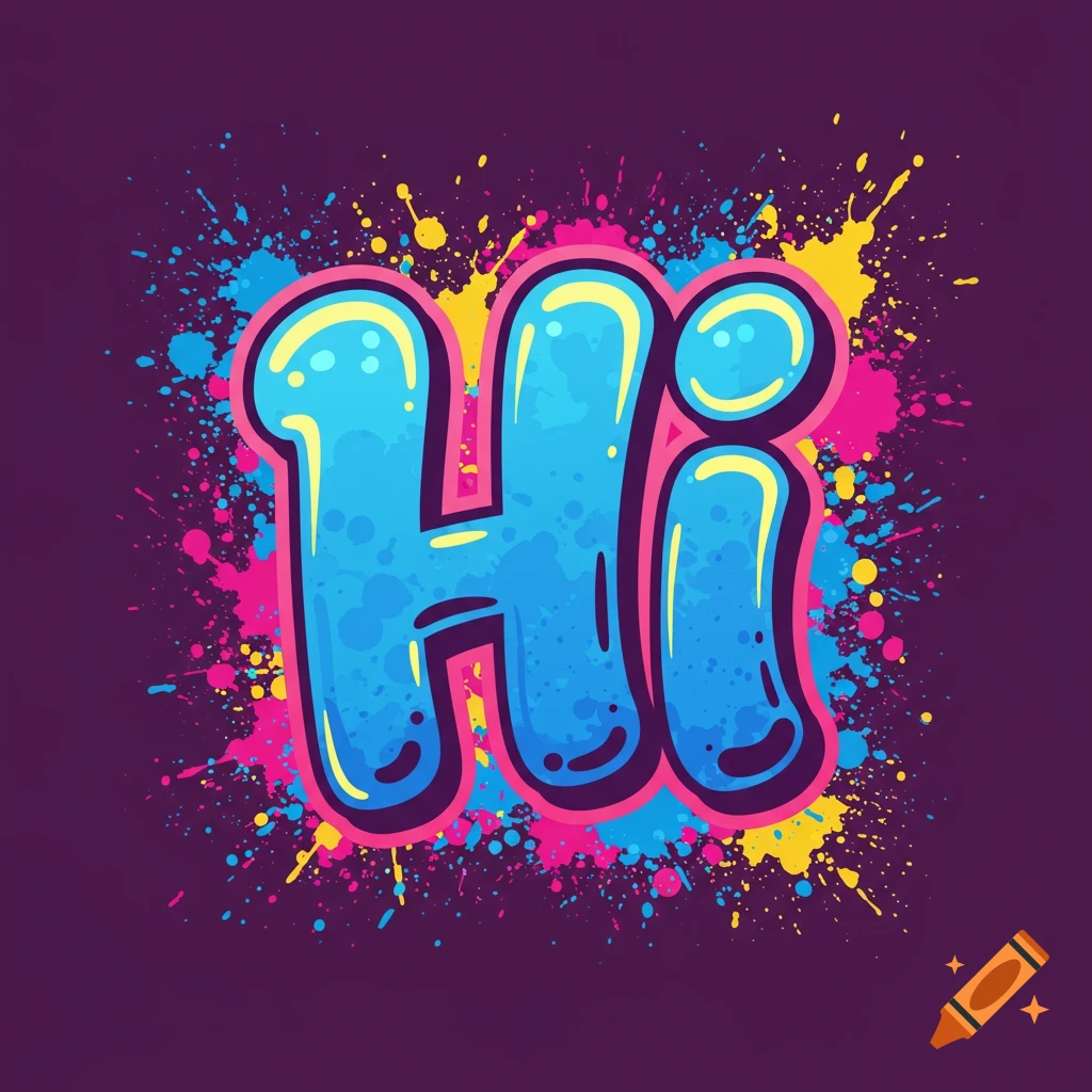 Stylized blue text 'HI' with pink, yellow, and blue paint splatters on a dark background.