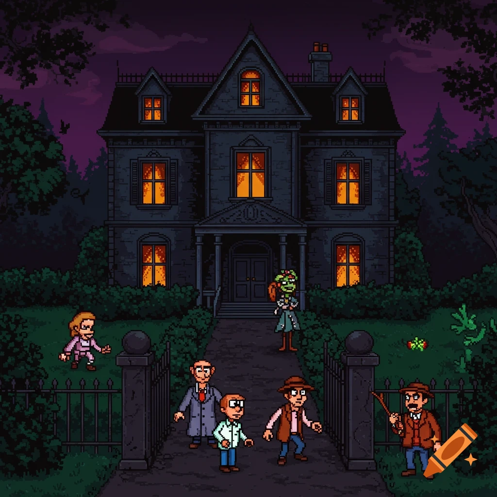 Pixel art scene of characters outside a dark mansion at night, in a retro video game style.