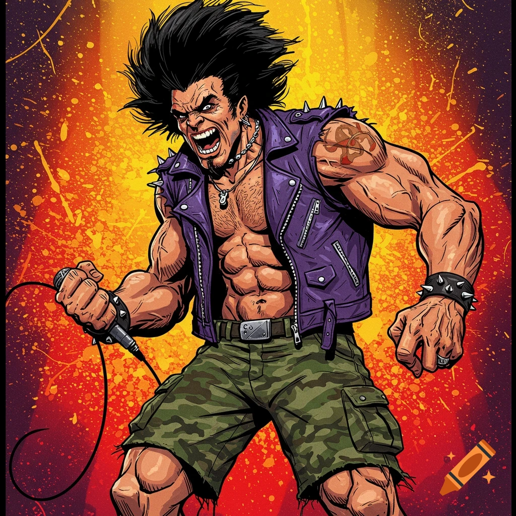 A muscular rock singer with spiky hair, purple jacket, and camo shorts sings into a microphone.