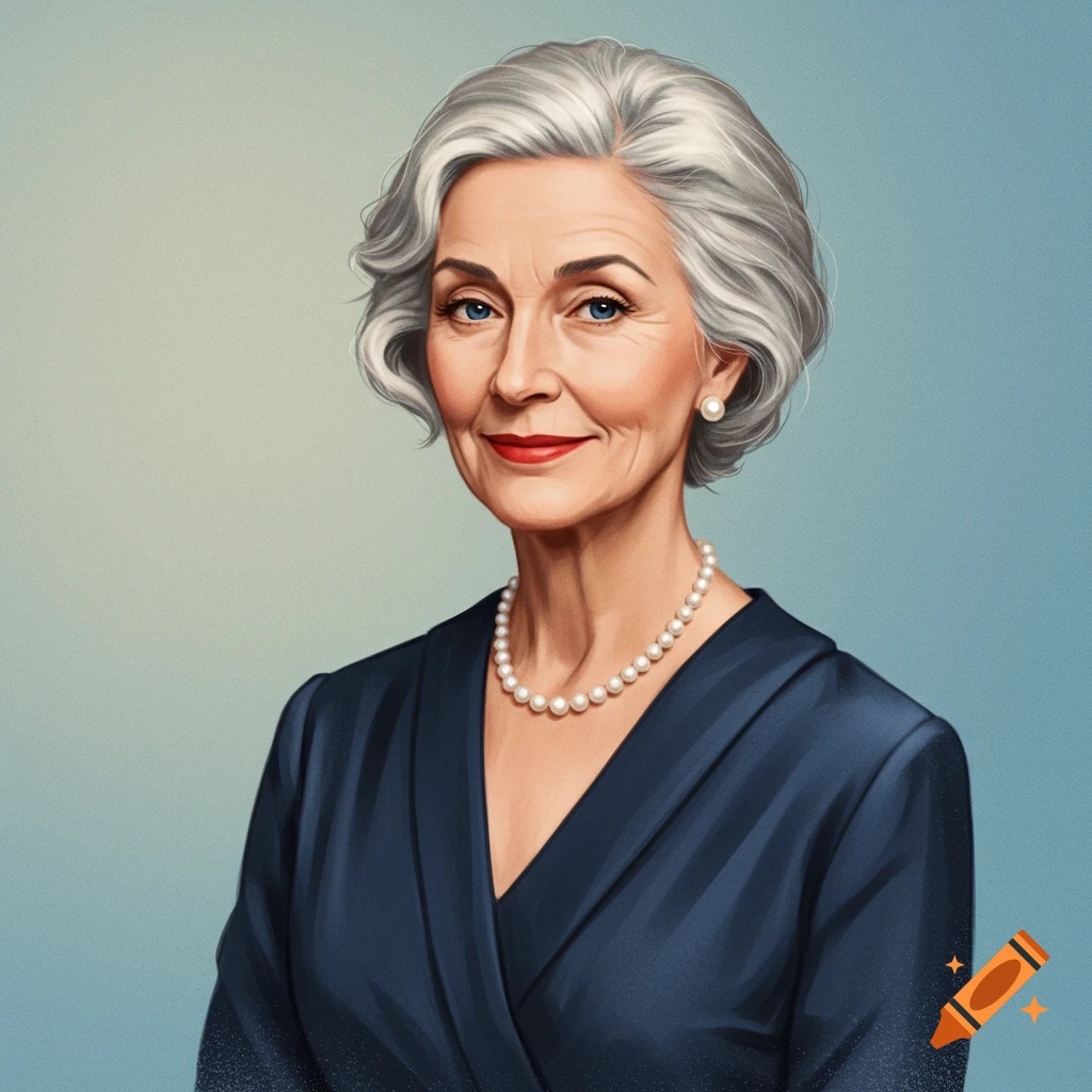 An elegant older woman with gray hair, pearls, and a dark blue dress.