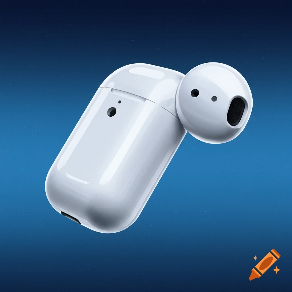 Close-up of a white wireless earbud and charging case on a blue background.