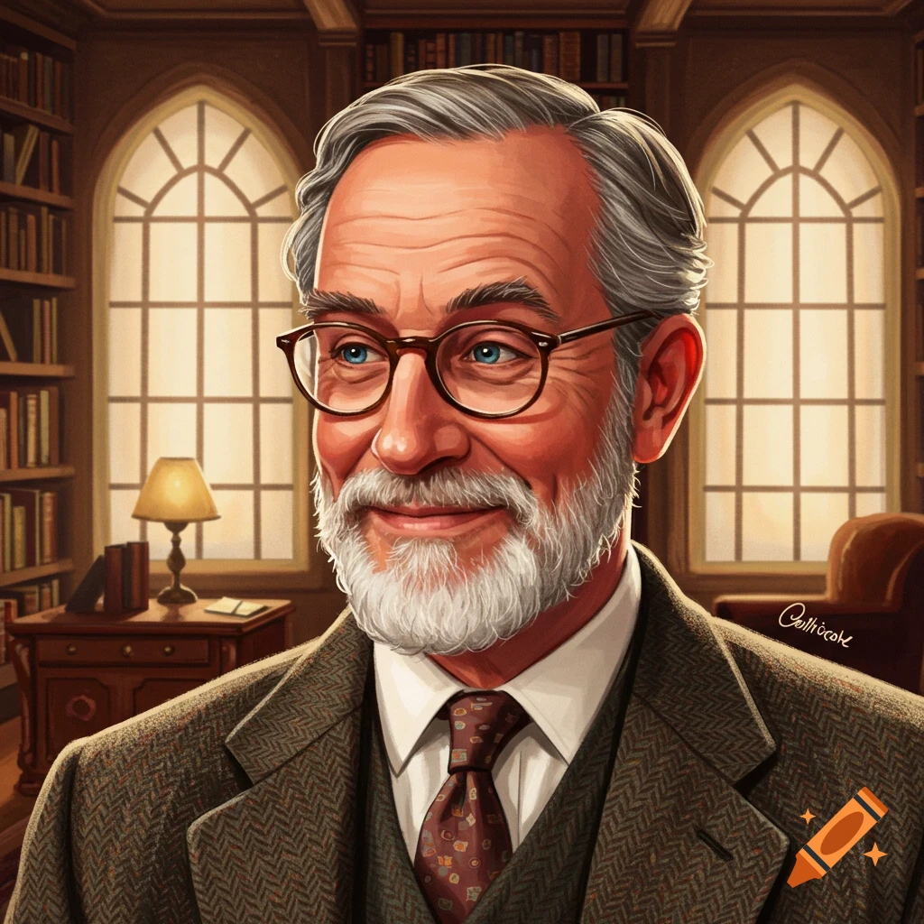 An older man with white beard and glasses is in a library.