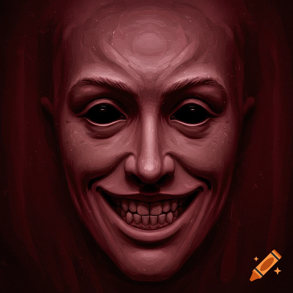 A creepy face with black eyes and a wide grin in a red hue.
