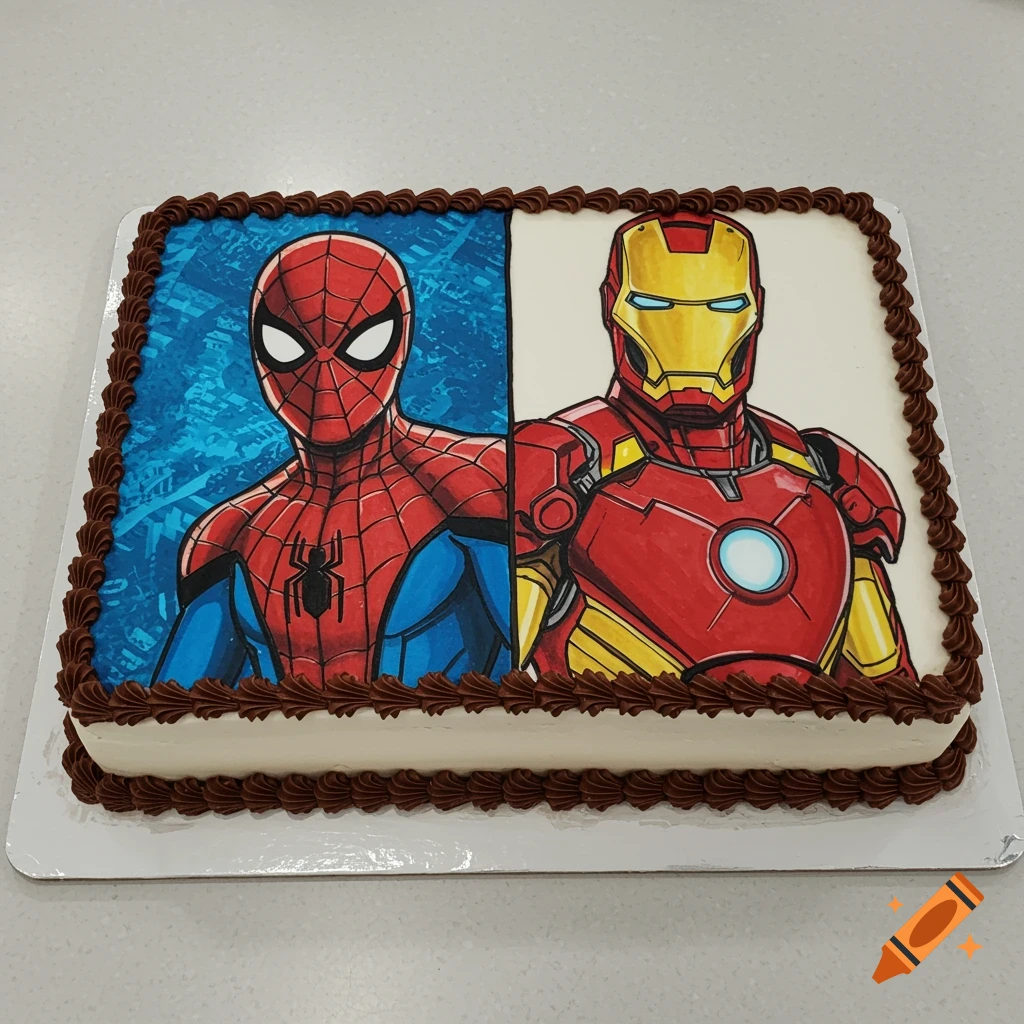 A rectangular cake decorated with Spider-Man on one half and Iron Man on the other.
