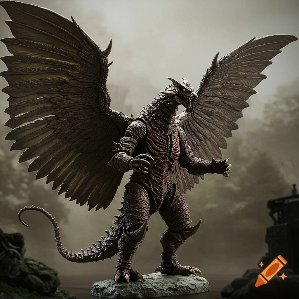 Photographic depiction of a winged monster resembling Rodan, standing on a rock in a misty landscape.
