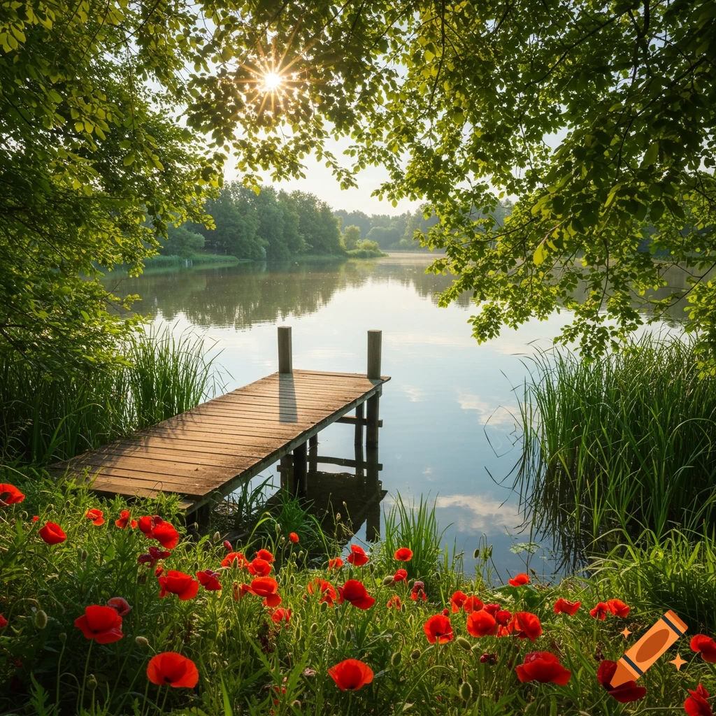 Sunny morning view of a lake with a wooden dock, bordered by reeds and red poppies.