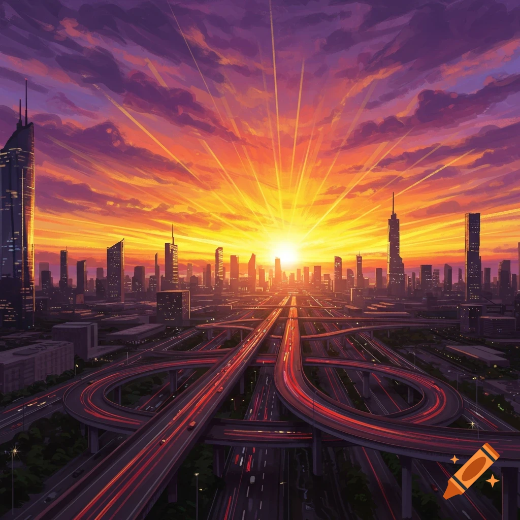A city skyline featuring complex highways during a vibrant sunrise.