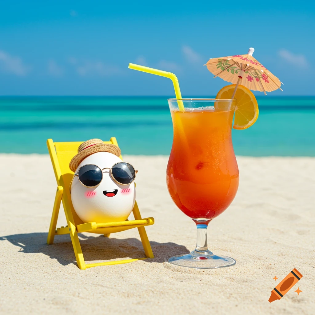 Cute animated egg in sunglasses and hat sits in a beach chair next to a large drink on a sandy beach.