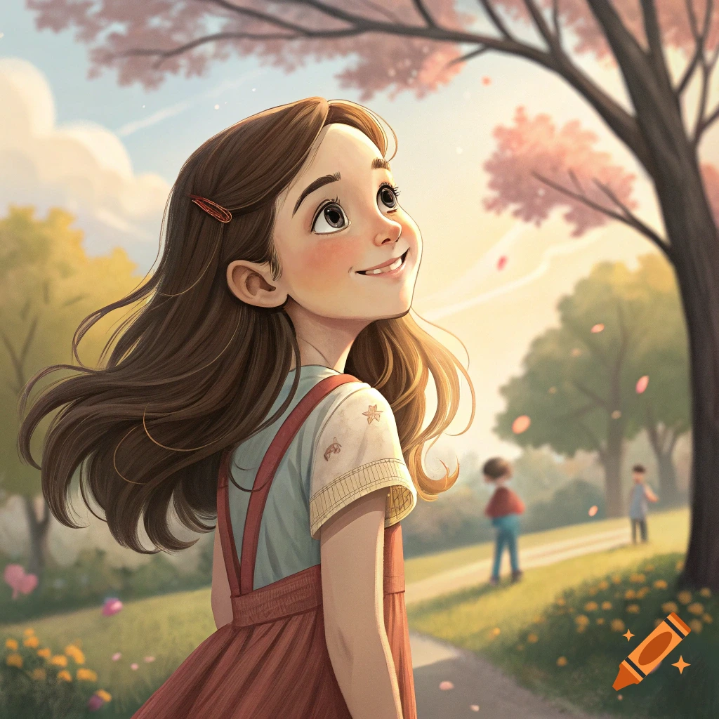 Illustration of a smiling girl looking up in a park with cherry blossoms