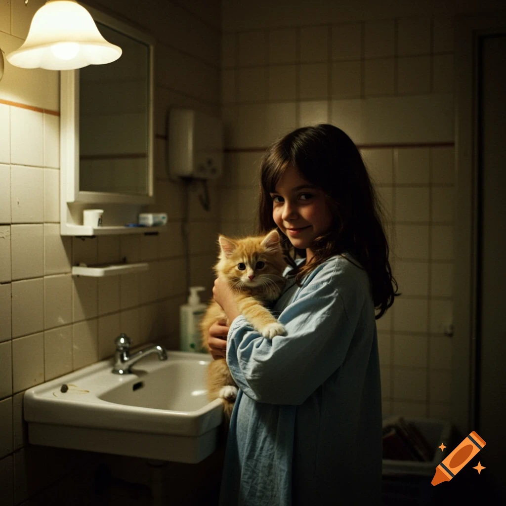 Vintage photo of a young girl holding a ginger kitten in a dimly lit bathroom.
