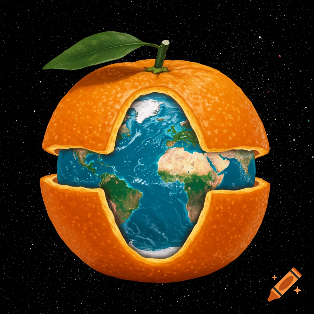 A peeled orange revealing the Earth inside, floating in space.
