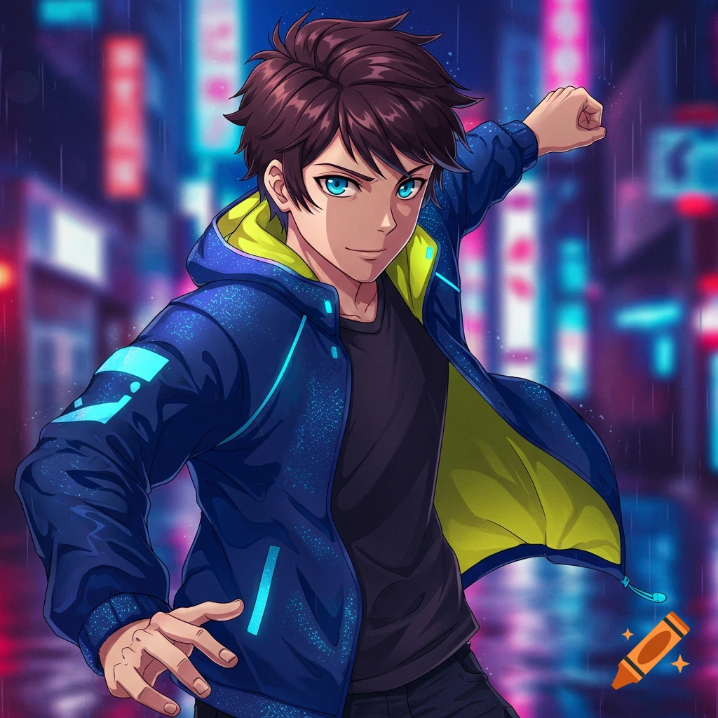 Anime drawing of a young man in a windbreaker posing in a rainy cyberpunk city street.