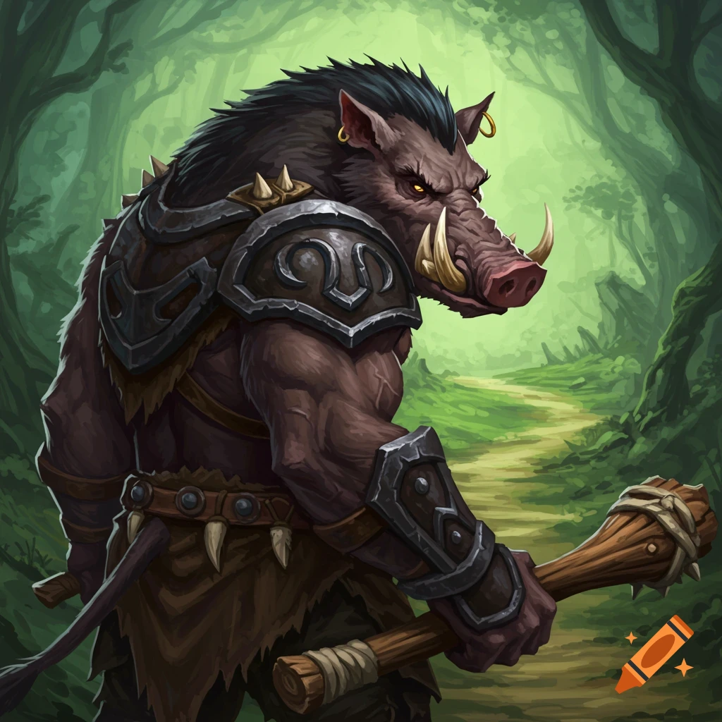 A boar warrior in armor holding a club in a forest.